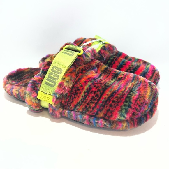 UGG Fluff It Pixelate Slide Slippers Men’s US 10 Multicolor Faux Shearling NWT